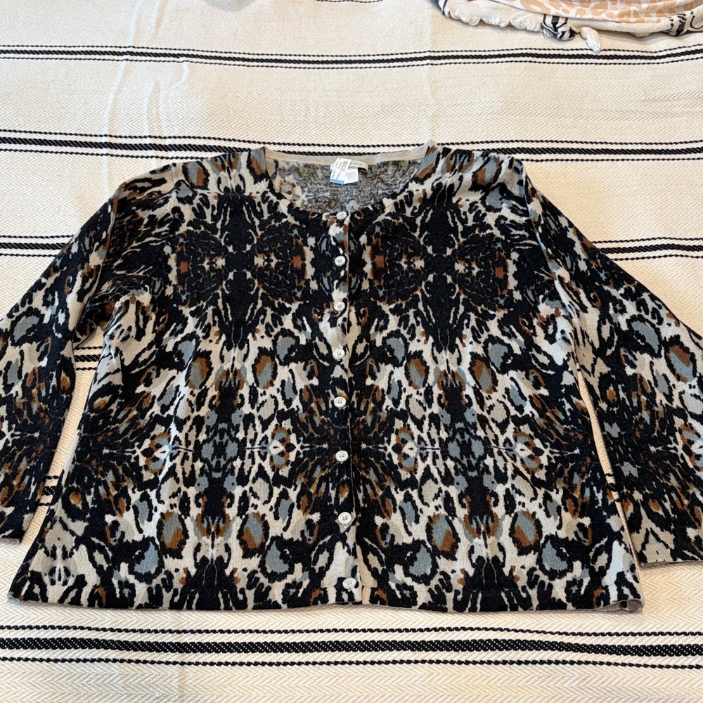 Garnet Hill Black and Brown Leopard Button Down wool sweater